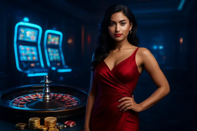Bangladesh Casino Banner Elegant woman in red dress near roulette and slot machines with neon accents and gold coins in a luxury Bangladeshi casino