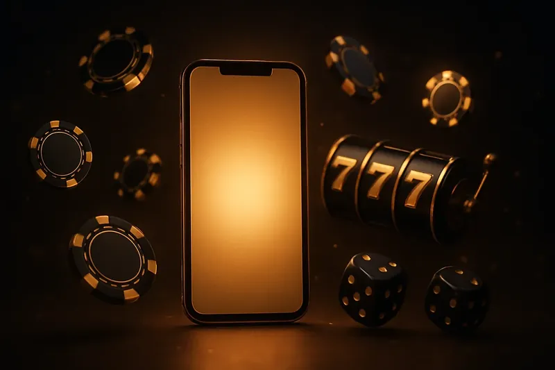 Glowing Smartphone Casino Banner Panoramic banner with glowing smartphone, floating casino chips, slot reels, dice, gold accents, and festive lighting